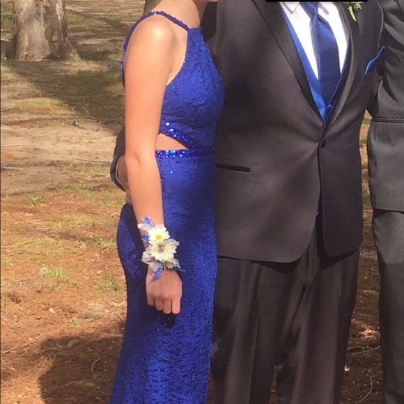 Long Blue Lace Prom Dress - Picture 2 of 7